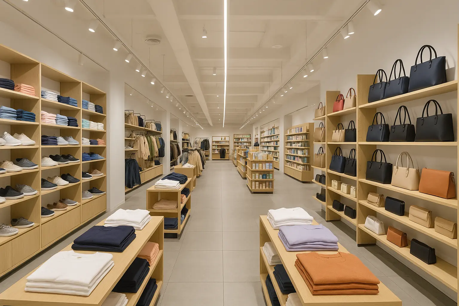 Intérieur d'un magasin avec gondoles bien organisées