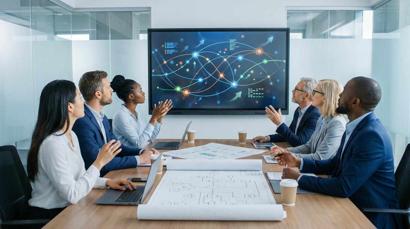 Équipe analysant une feuille de route stratégique digitale sur écran