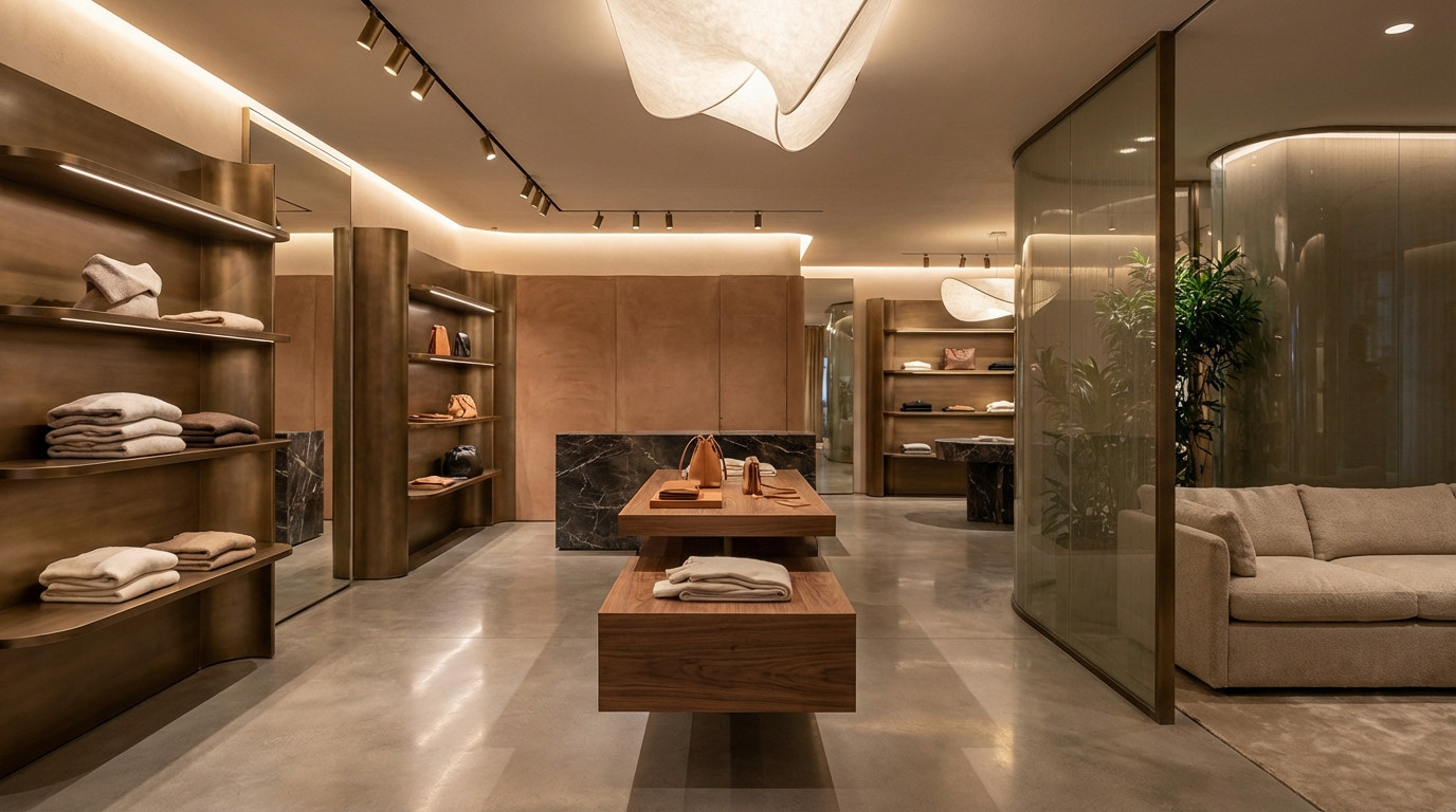 Intérieur de boutique de luxe avec un éclairage chaleureux et un agencement stratégique