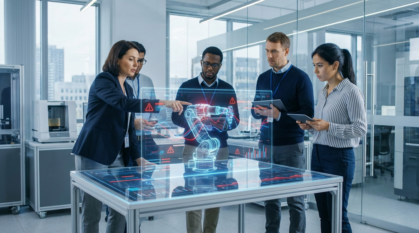 Bras robotique industriel analys&eacute; par technologie holographique illustrant l'analyse des risques en conception