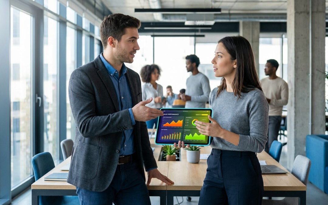 Deux professionnels discutent d'une tablette affichant des graphiques de performance commerciale dans un bureau moderne.