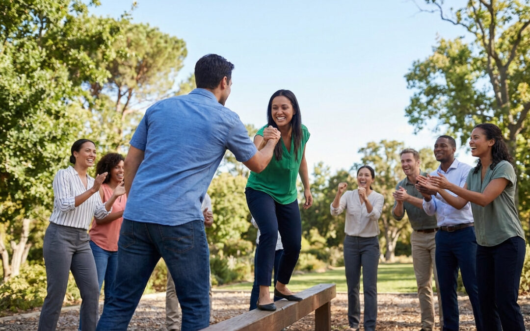 Groupe divers d'employés participant à un exercice de team building en extérieur, s'aidant mutuellement sur une poutre.