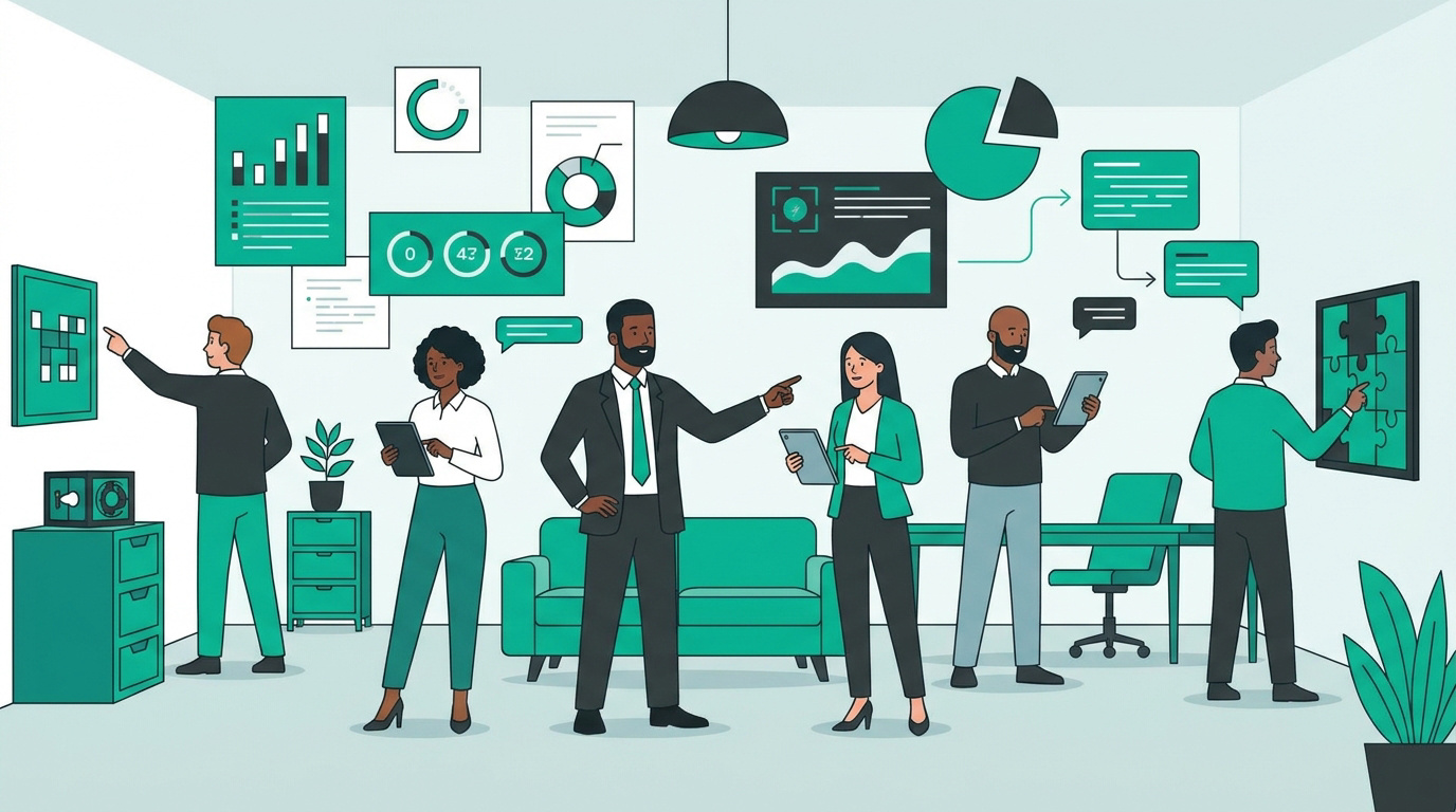 Équipe de managers collaborant activement pour résoudre une énigme sous pression temporelle