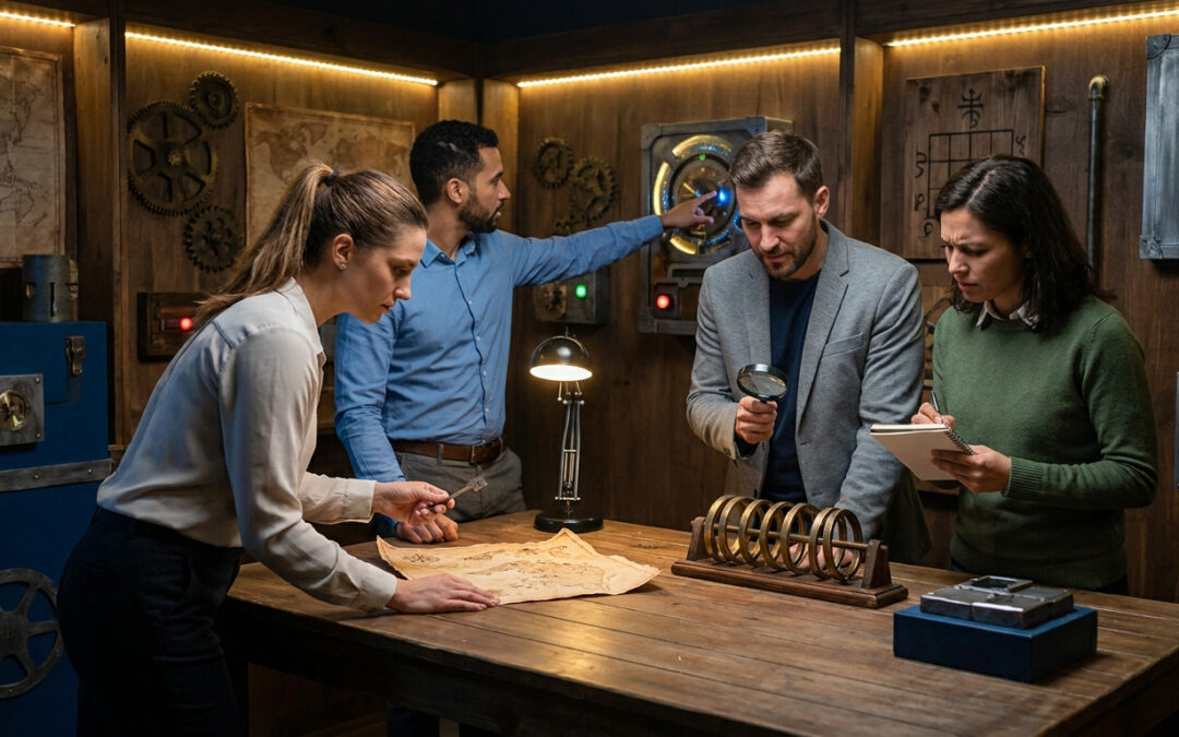 Quatre collègues concentrés résolvent des énigmes dans un escape game au décor d'étude ancienne.